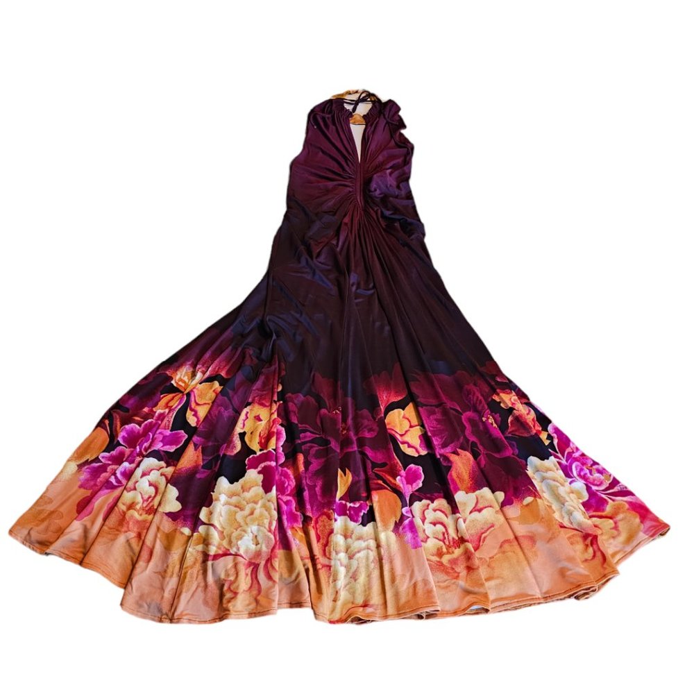 Just Cavalli Silk Viscose Halter Floral Dress Medium Plunging Neckline r…